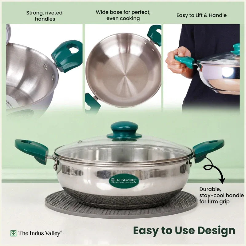 The Indus Valley Premium Stainless Steel Impact Bonded Kadai with Glass Lid 22-26cm