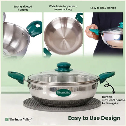 The Indus Valley Premium Stainless Steel Impact Bonded Kadai with Glass Lid 22-26cm