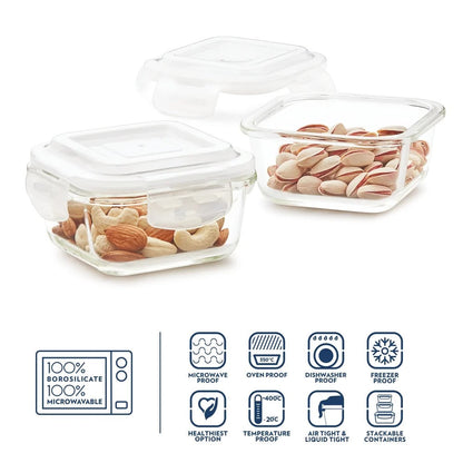 Borosil Klip N Store Square Glass Container Set of 2 (320ml x 2)