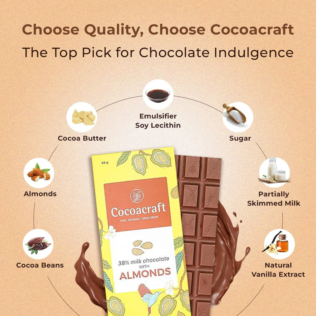 Cocoacraft 38% Milk Chocolate Bar with Almonds - 80g