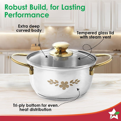 Wonderchef Gold Stanton Stainless Steel Casserole Set 3 Pcs