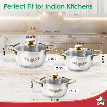 Wonderchef Gold Stanton Stainless Steel Casserole Set 3 Pcs