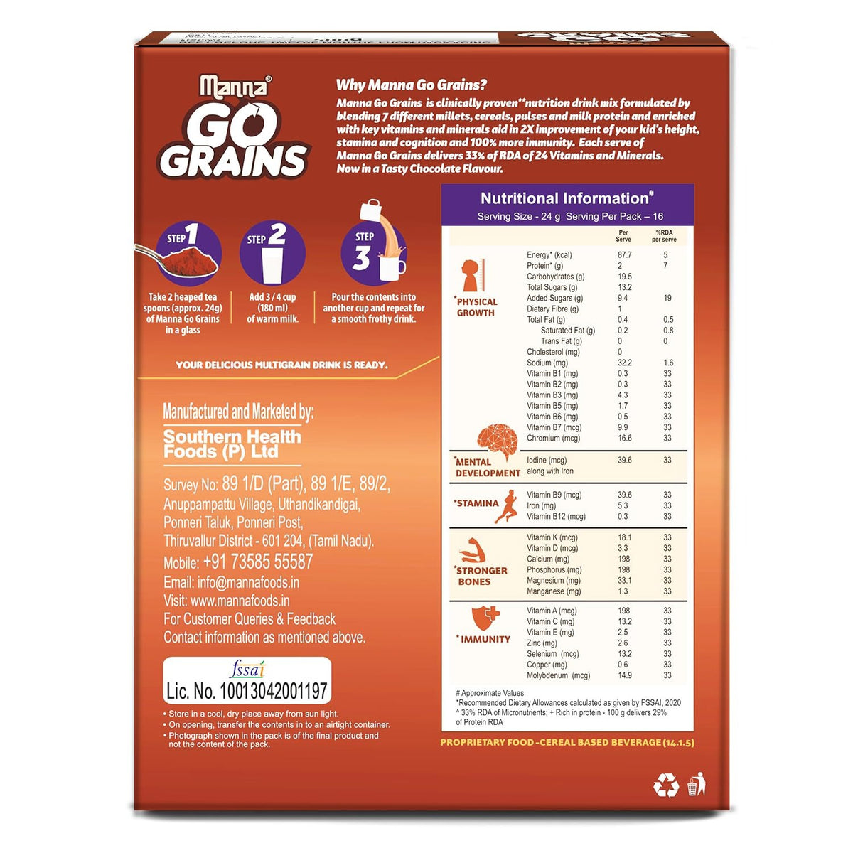 Manna Go Grains Millet Health and Nutrition Drink Chocolate - 400 gms (Pack of 2)