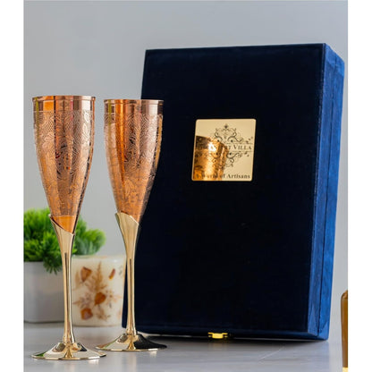 Indian Art Villa Copper Champagne & Wine Glass with Brass Stand Glasses - 2 Pieces