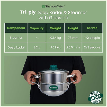 The Indus Valley Triply Stainless Steel Deep Kadai Steamer with Glass Lid 20cm