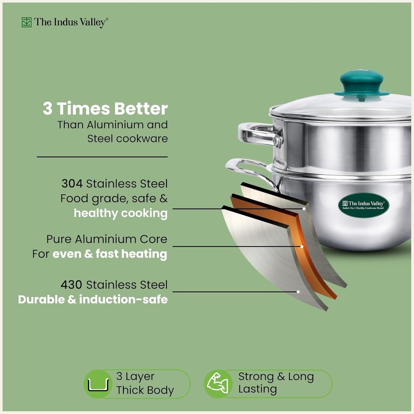 The Indus Valley Triply Stainless Steel Deep Kadai Steamer with Glass Lid 20cm