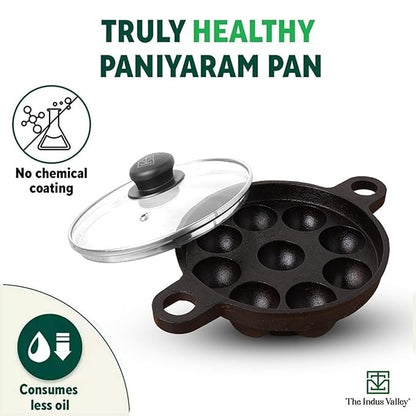 The Indus Valley Super Smooth Cast Iron Paniyaram Pan with Glass Lid | 9 Pit | 20.8cm/8.2inch | 2.7kg | Gas Compatible