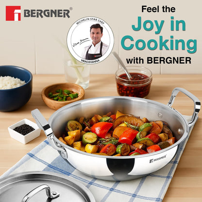 Bergner Tripro Triply 30 Cm Deep Kadai | 6 L Capacity | Stainless Steel Lid | Wide Grip Handles