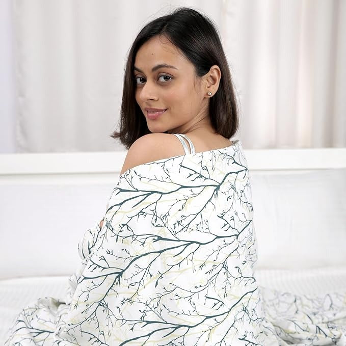 Divine Casa 120 GSM Microfiber Single Dohar Soft & Lightweight Throw Blanket Floral Branches Pattern Colour Teal & White