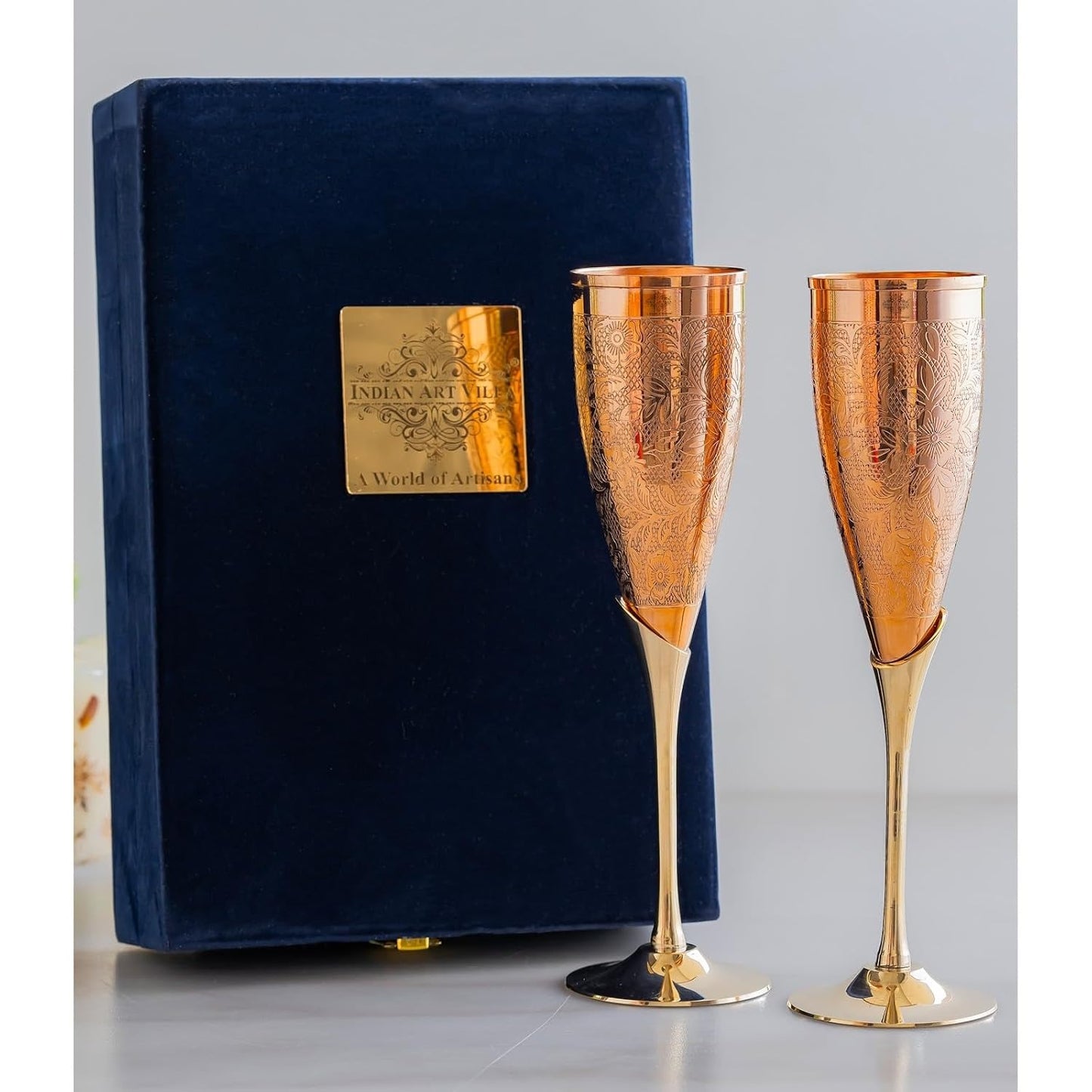 Indian Art Villa Copper Champagne & Wine Glass with Brass Stand Glasses - 2 Pieces