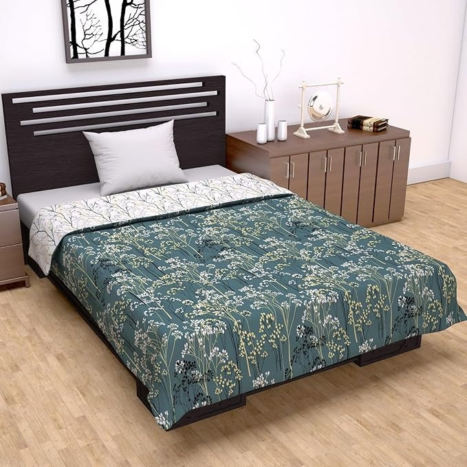 Divine Casa 120 GSM Microfiber Single Dohar Soft & Lightweight Throw Blanket Floral Branches Pattern Colour Teal & White