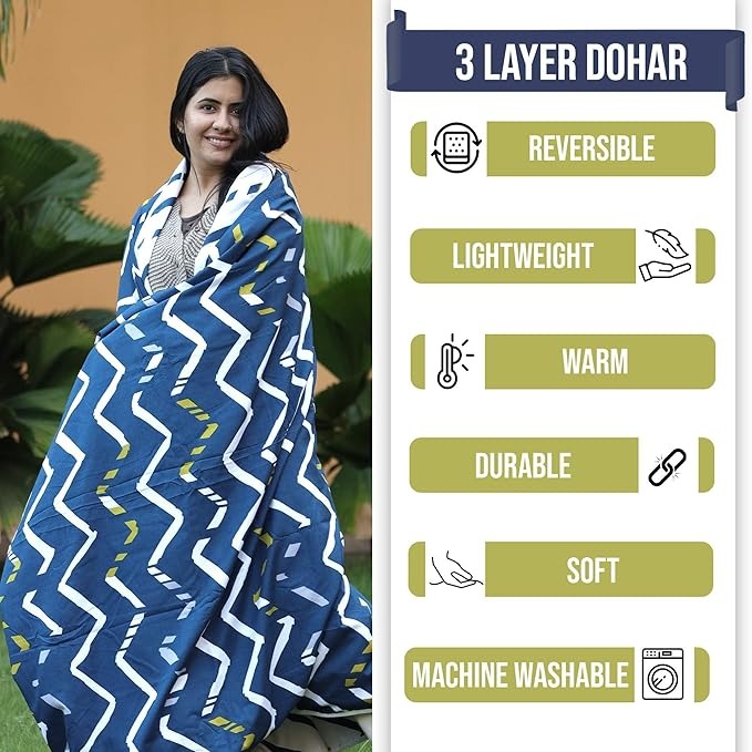 Divine Casa 120 GSM Microfiber Reversible Dohar Blanket Soft Printed All-Season AC Blanket Colour Blue & White
