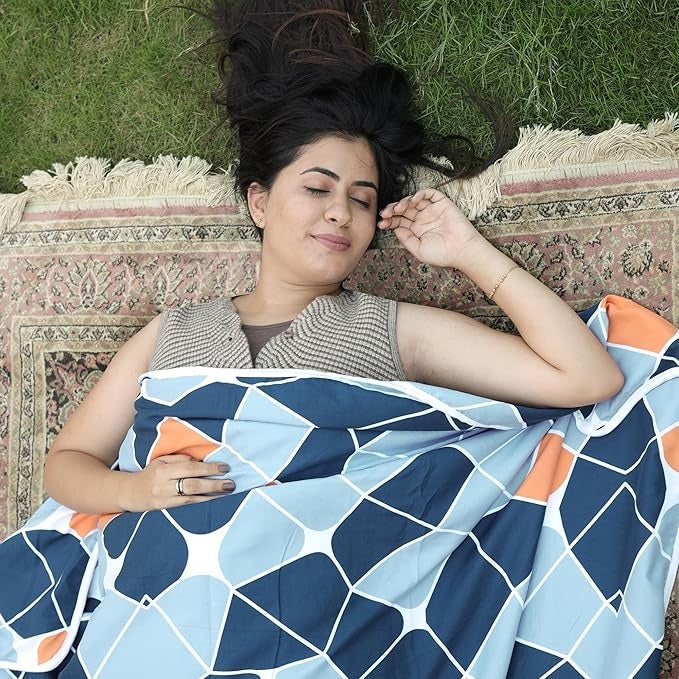 Divine Casa 120 GSM Microfiber Double Dohar Soft & Lightweight Throw Blanket Geometric Pattern Colour Blue-Grey & Orange