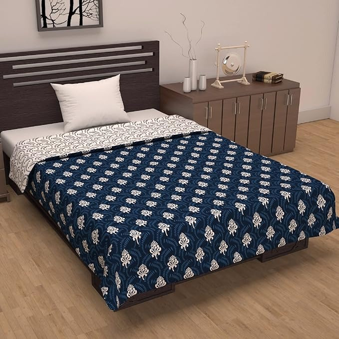 Divine Casa Microfiber 120 GSM Reversible Lightweight Printed Single Bed AC Dohar Blanket TC - 120 Colour Navy Blue and White