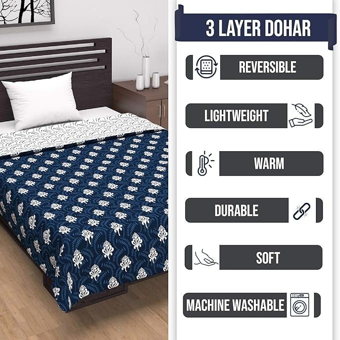 Divine Casa Microfiber 120 GSM Reversible Lightweight Printed Single Bed AC Dohar Blanket TC - 120 Colour Navy Blue and White