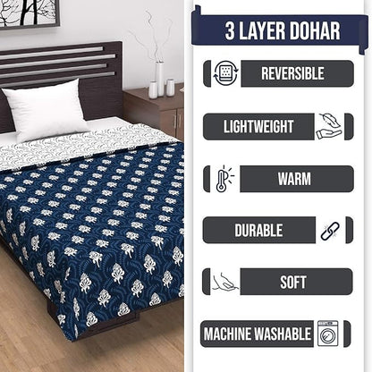 Divine Casa Microfiber 120 GSM Reversible Lightweight Printed Single Bed AC Dohar Blanket TC - 120 Colour Navy Blue and White