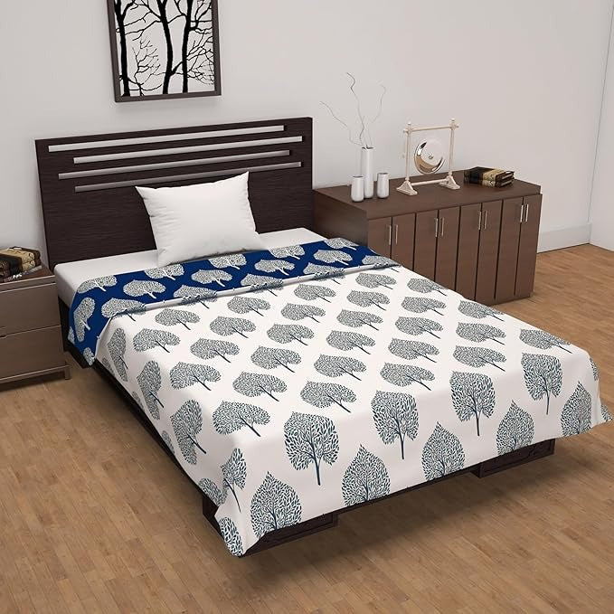 Divine Casa 120 GSM Microfiber Single Dohar Soft & Lightweight Throw Blanket Tree Motif Pattern Colour Navy Blue & White