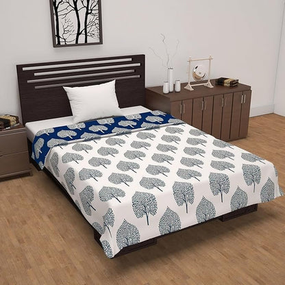 Divine Casa 120 GSM Microfiber Single Dohar Soft & Lightweight Throw Blanket Tree Motif Pattern Colour Navy Blue & White