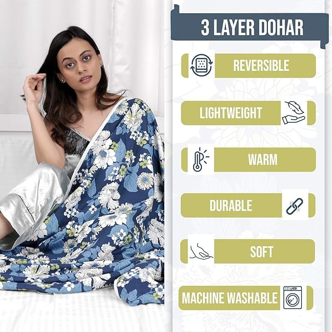 Divine Casa 120 GSM Microfiber Single Dohar Soft & Lightweight Revesible Blanket Cozy & Breathable Floral Pattern Colour Celestial Gray Blue