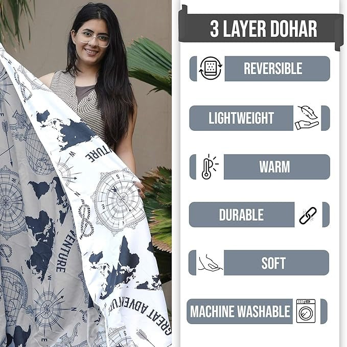 Divine Casa 120 GSM Microfiber Double Dohar Soft & Lightweight Throw Blanket Geographic Pattern Colour Stonewash Grey