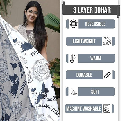 Divine Casa 120 GSM Microfiber Double Dohar Soft & Lightweight Throw Blanket Geographic Pattern Colour Stonewash Grey