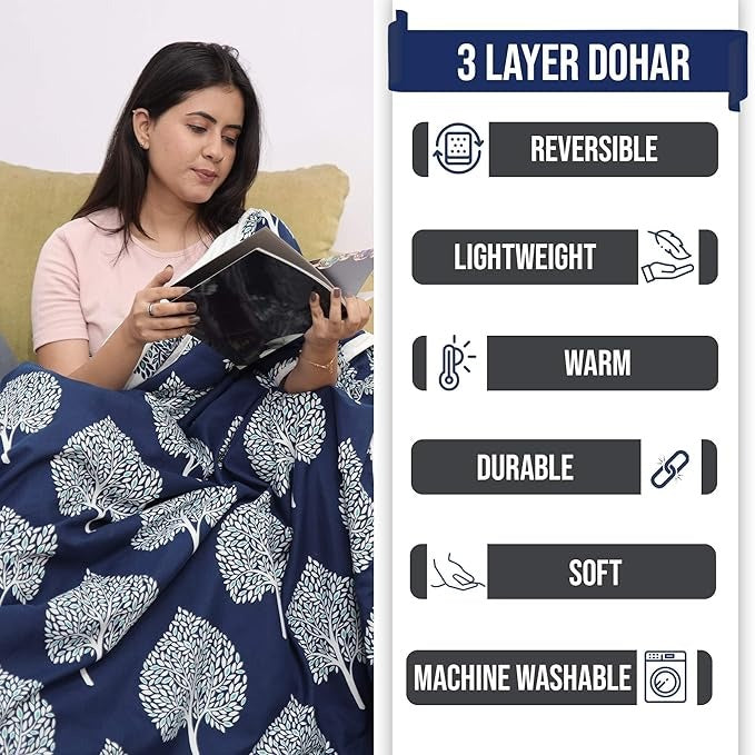 Divine Casa 120 GSM Microfiber Single Dohar Soft & Lightweight Throw Blanket Tree Motif Pattern Colour Navy Blue & White