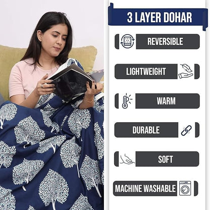 Divine Casa 120 GSM Microfiber Single Dohar Soft & Lightweight Throw Blanket Tree Motif Pattern Colour Navy Blue & White