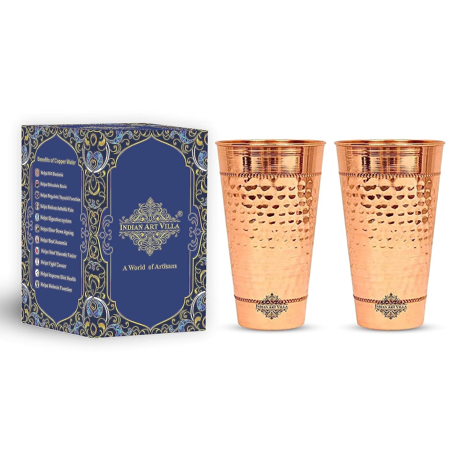 India Art Villa Hammered Copper Big Lassi Glass Tumbler Cup with 2 Rings