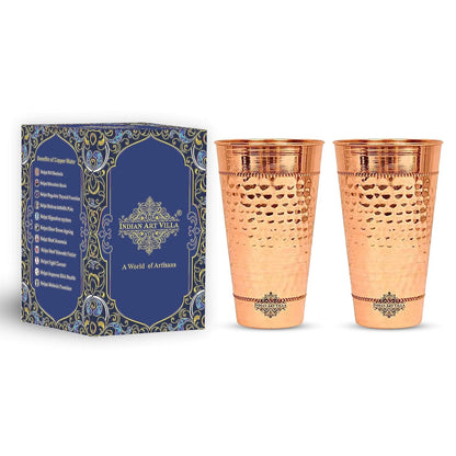 India Art Villa Hammered Copper Big Lassi Glass Tumbler Cup with 2 Rings