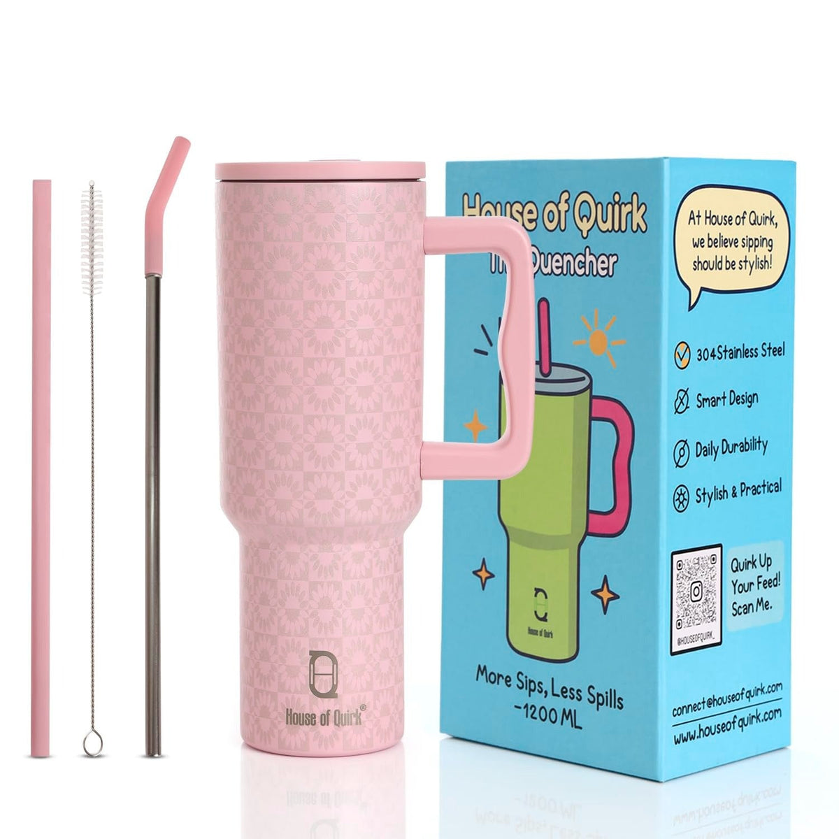 House of Quirk 1200ML Stainless Steel Tumbler with Handle & Lid - Peach Sun