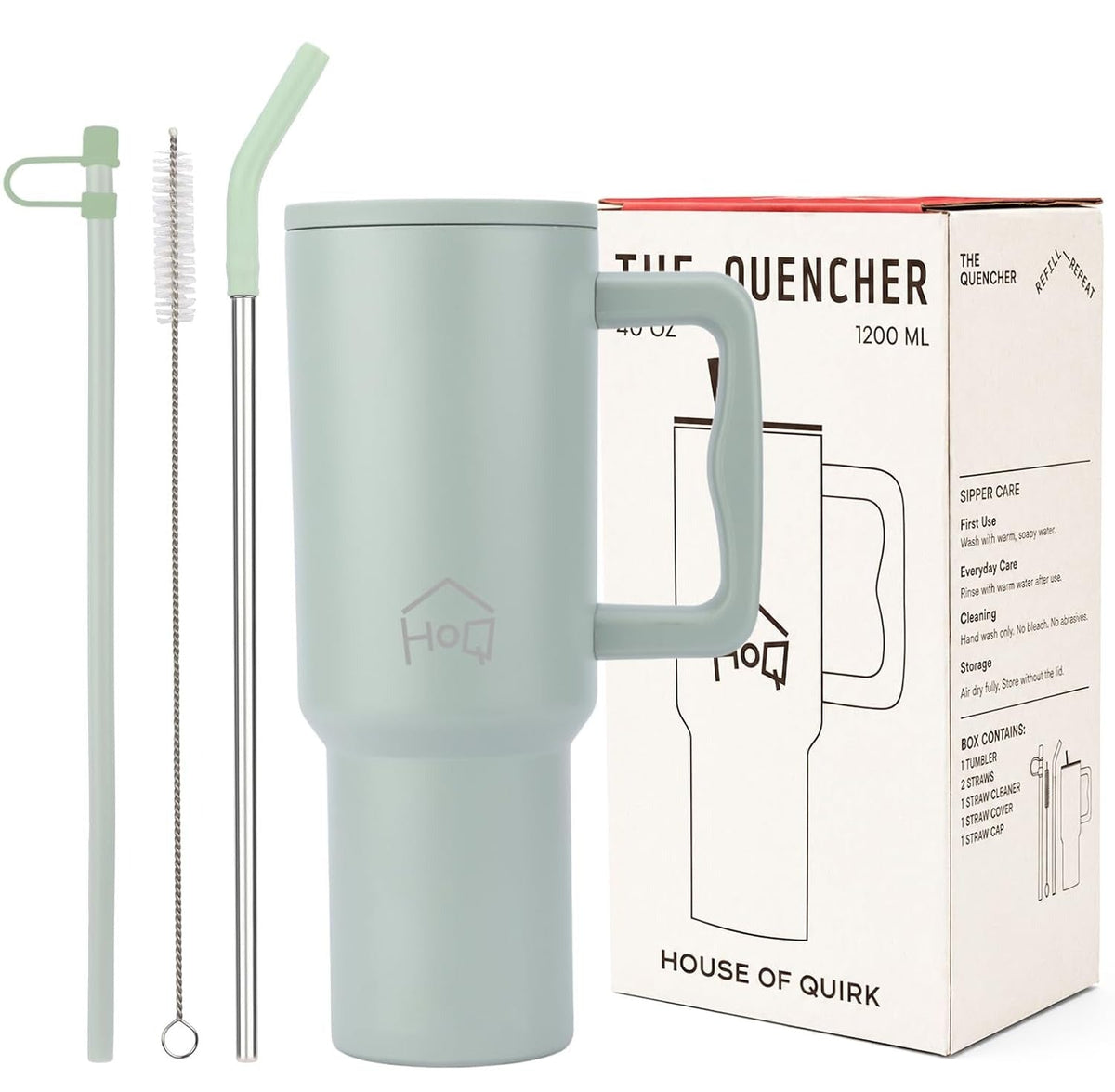 House of Quirk 1200ML Stainless Steel Tumbler with Handle & Lid - Lime Pistachio