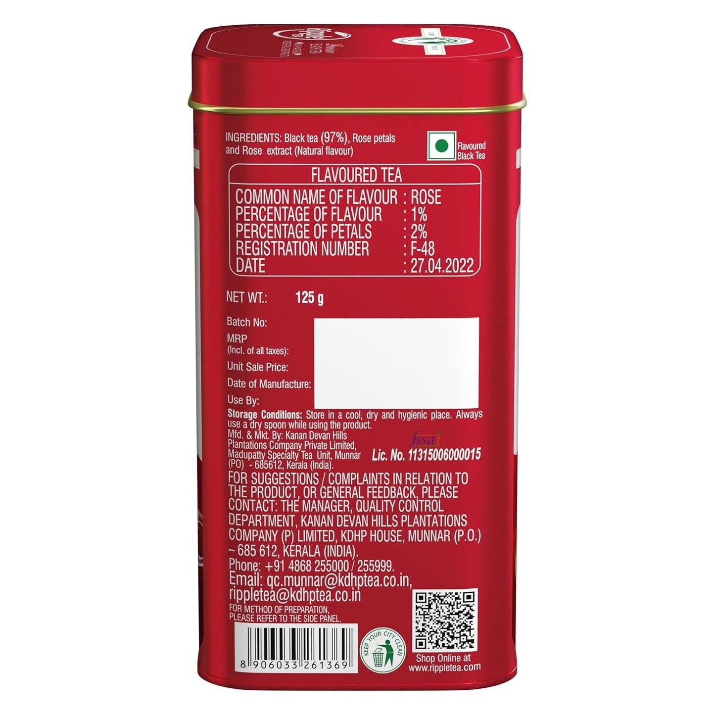 Ripple Premium Black Tea with Natural Rose Petals and Extracts - 125gm