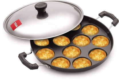 Tosaa Non-Stick 12-Cavity Appam Patra Side Handle with Lid (Color May Vary)