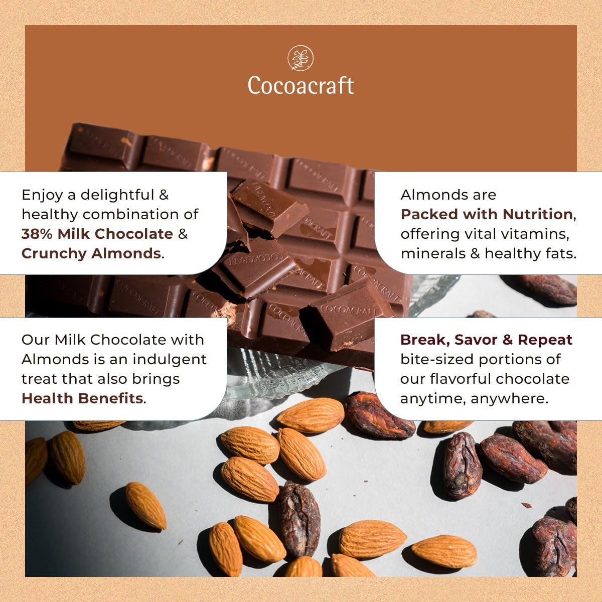 Cocoacraft 38% Milk Chocolate Bar with Almonds - 80g