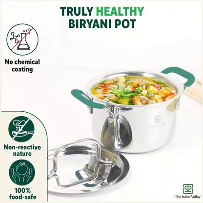 The Indus Valley Tri-Ply Stainless Steel Stockpot Casserole Biryani Pot with Steel Lid