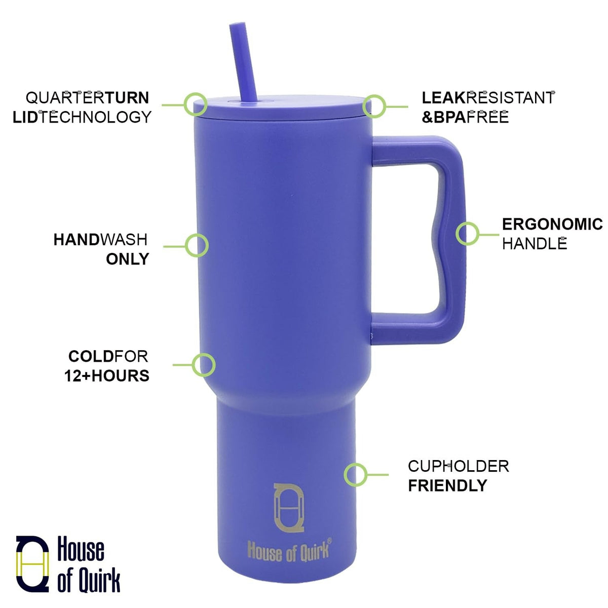 House of Quirk 1200ML Stainless Steel Tumbler with Handle & Lid - Purple