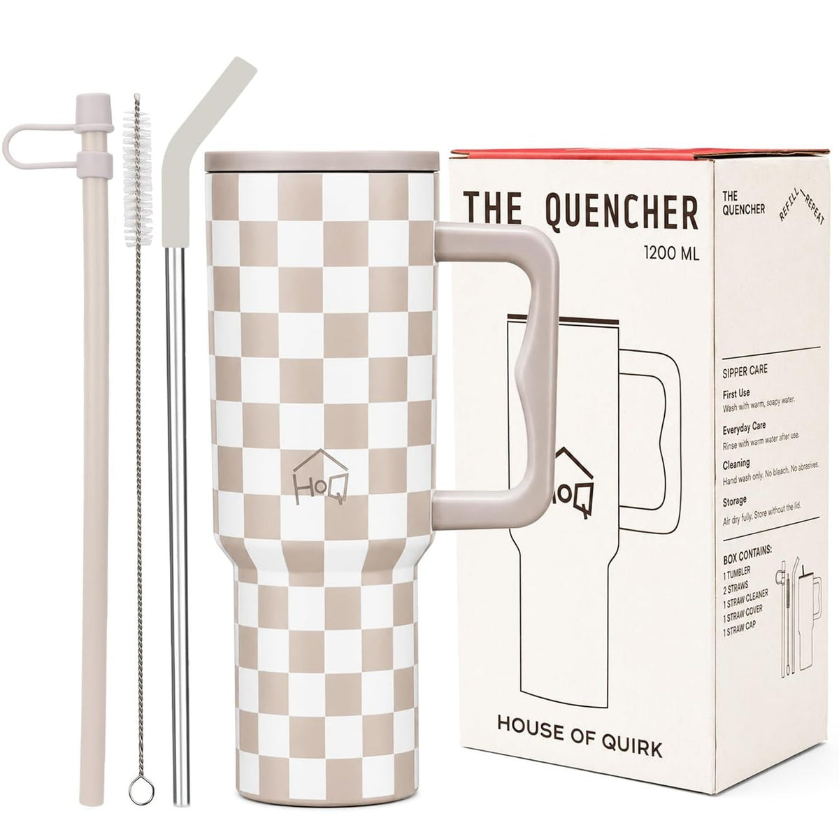House of Quirk 1200ML Stainless Steel Tumbler with Handle & Lid - Oatmeal Ckeck