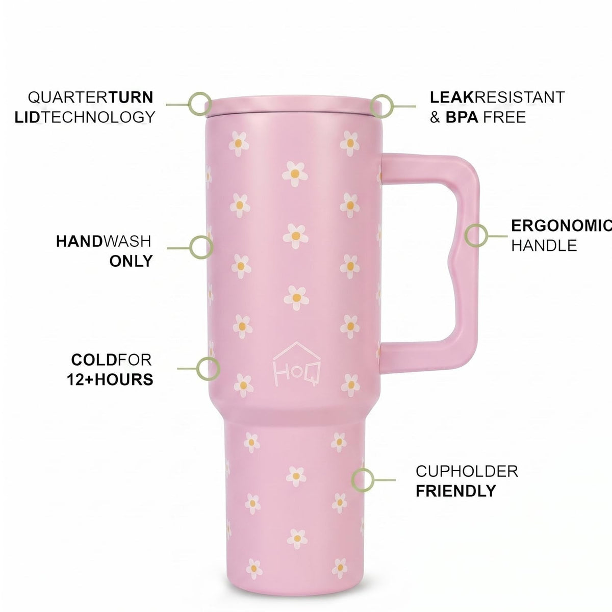 House of Quirk 1200ML Stainless Steel Tumbler with Handle & Lid - Pink Daisy