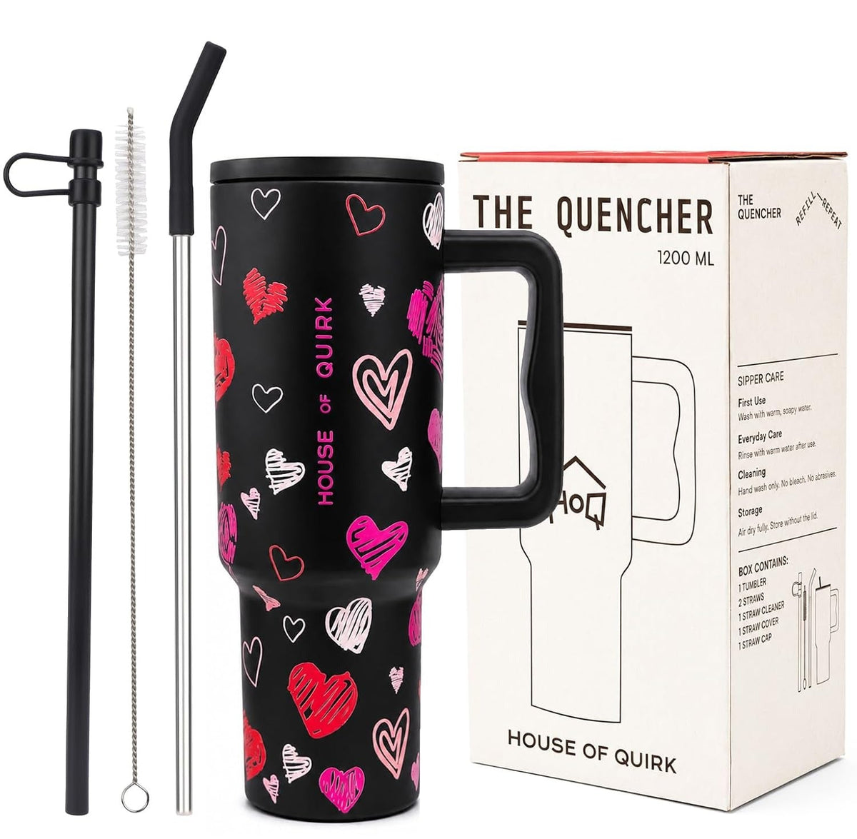 House of Quirk 1200ML Stainless Steel Tumbler with Handle & Lid - Black Heart