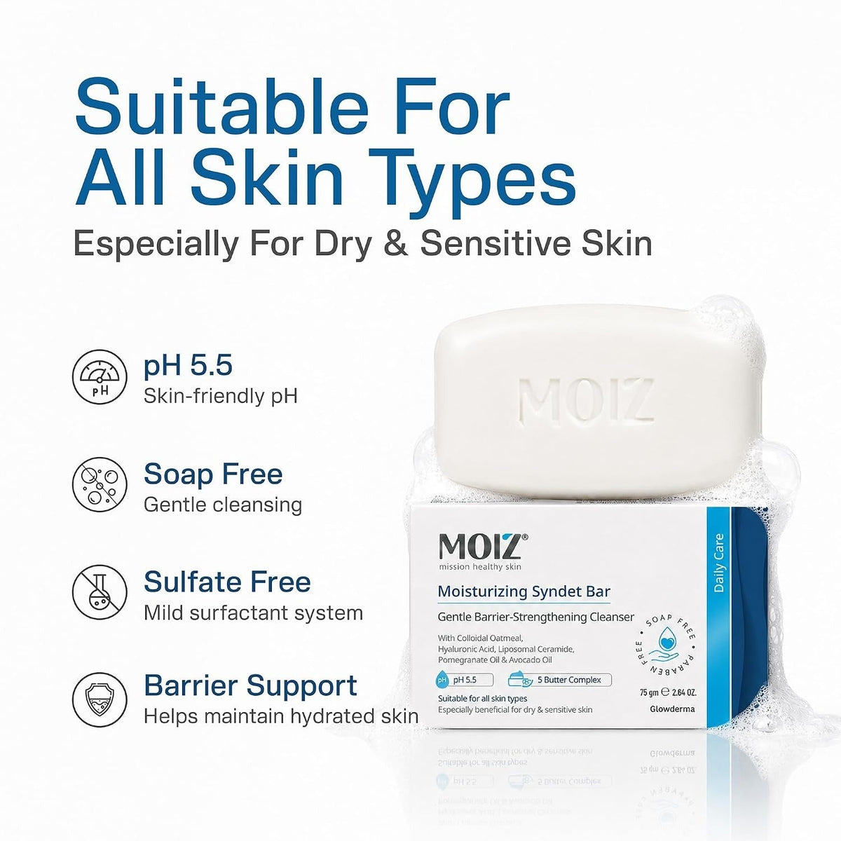 Moiz Syndet Bathing Bar pH 5.5 With Shea Butter, Aloe Vera & Vitamin E  - 75 Gms