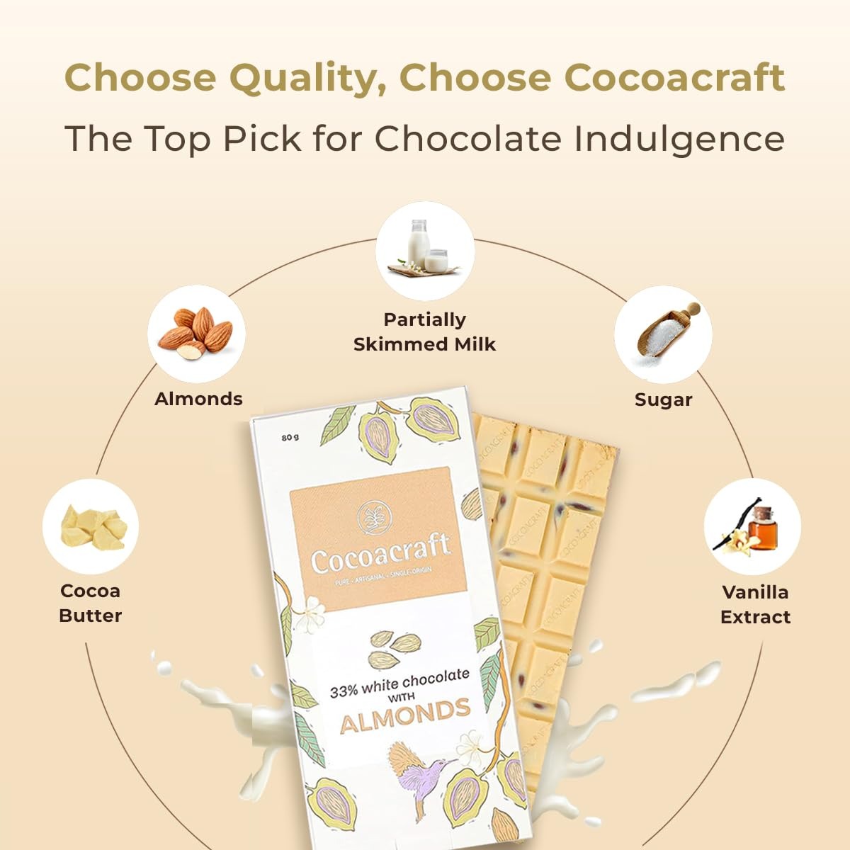 Cocoacraft 33% White Chocolate Bar With Almonds - 80Gram
