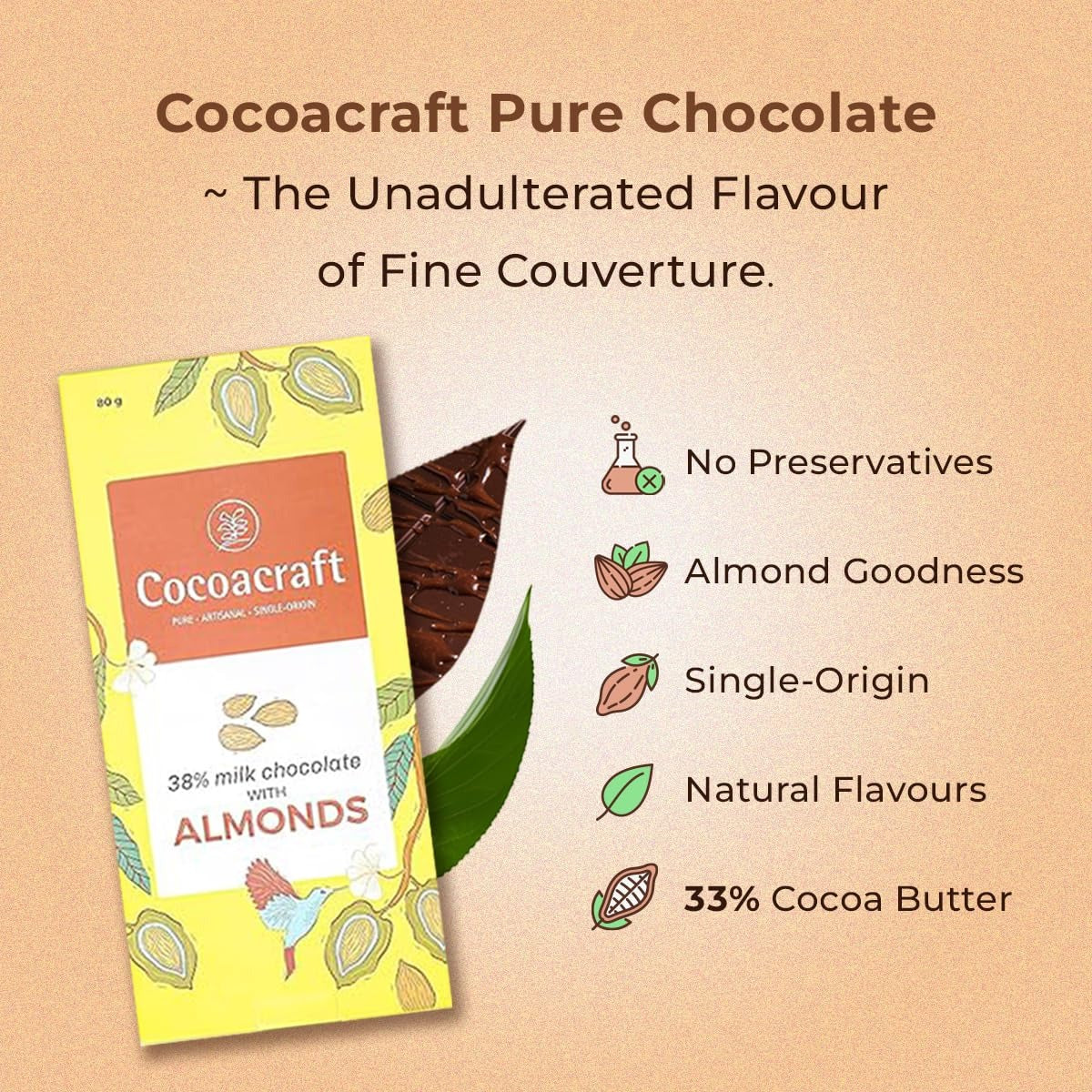 Cocoacraft 38% Milk Chocolate Bar with Almonds - 80g
