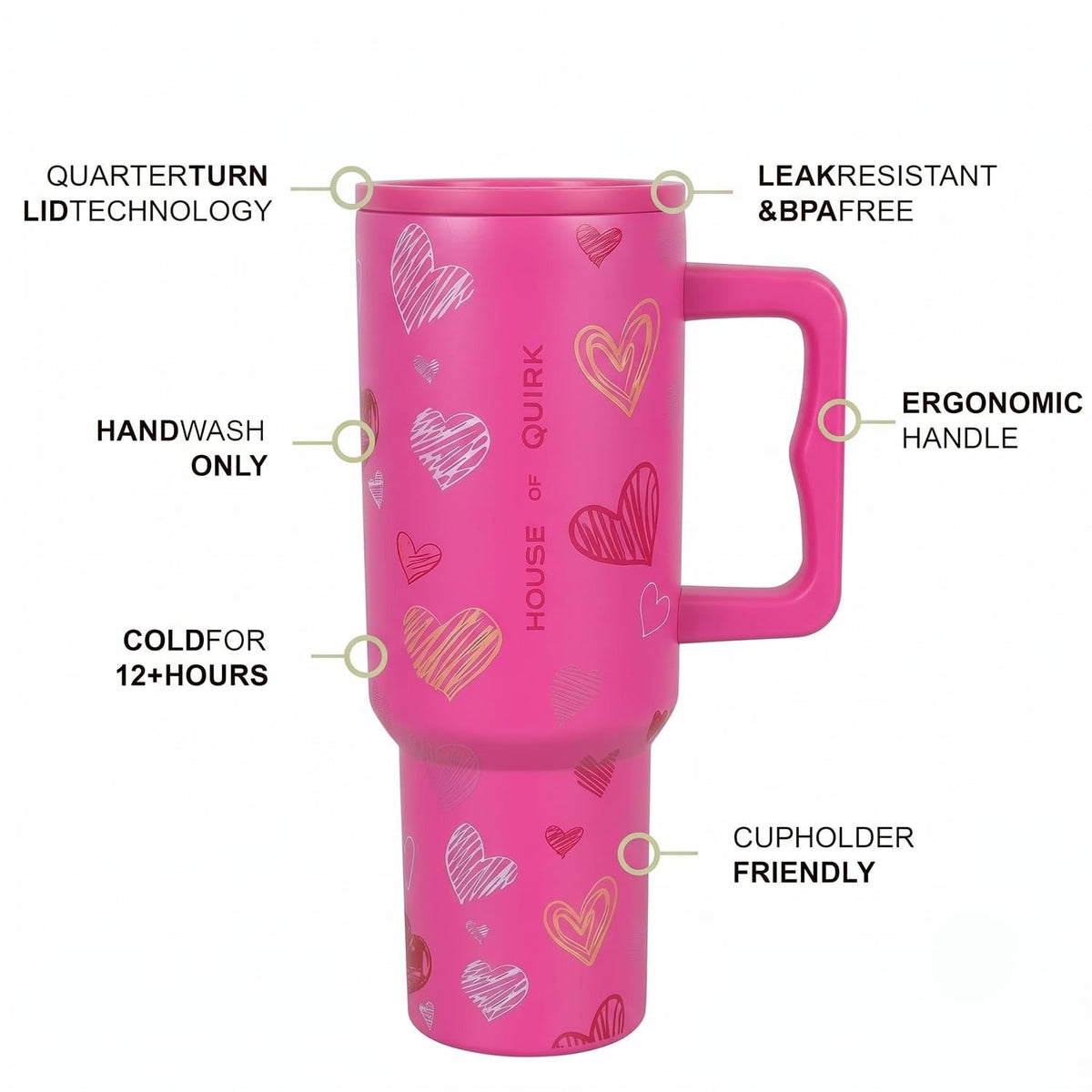 House of Quirk 1200ML Stainless Steel Tumbler with Handle & Lid - Rose Heart