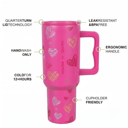 House of Quirk 1200ML Stainless Steel Tumbler with Handle & Lid - Rose Heart