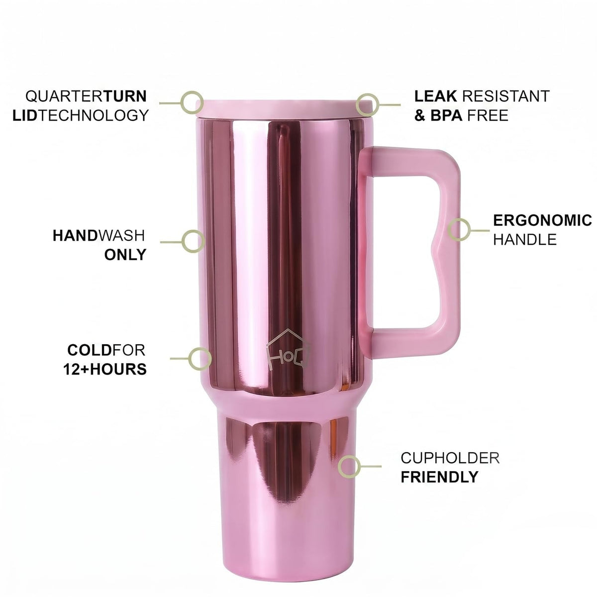 House of Quirk 1200ML Stainless Steel Tumbler with Handle & Lid - Mettalic Pink