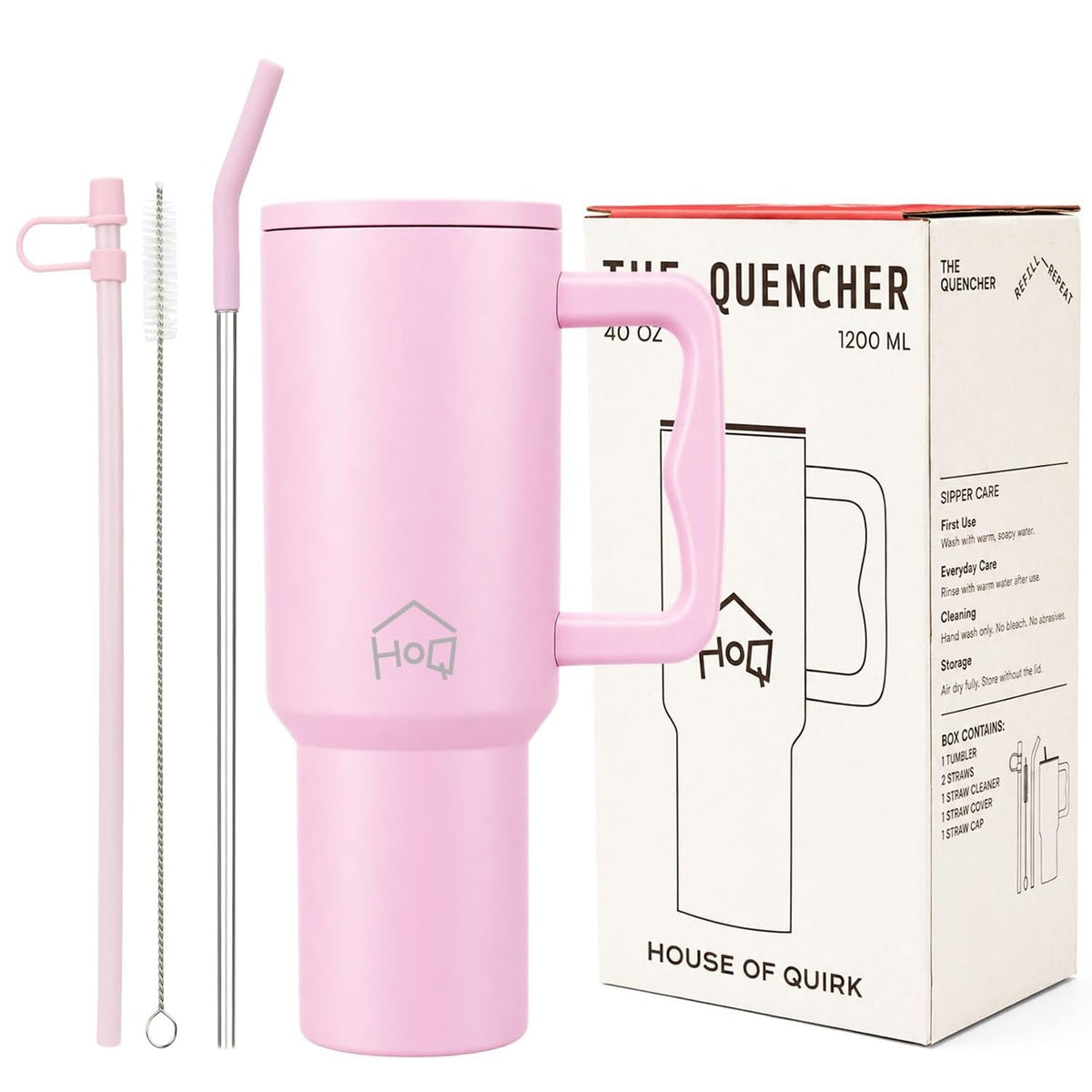 House of Quirk 1200ML Stainless Steel Tumbler with Handle & Lid Misty Rose