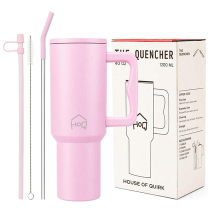 House of Quirk 1200ML Stainless Steel Tumbler with Handle & Lid Misty Rose