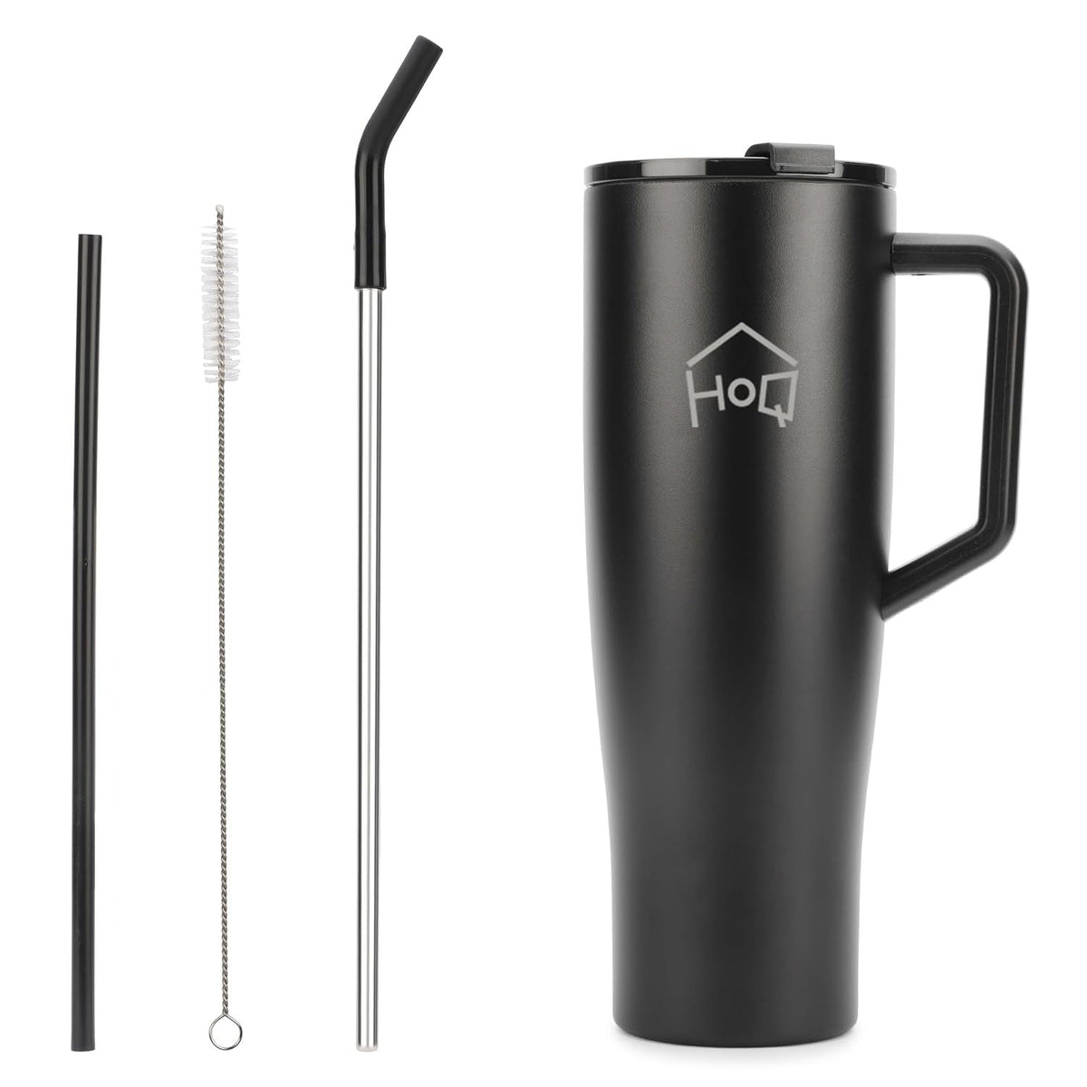 House of Quirk 1200ML Tumbler with Handle and 2 Straw Flip Lid - Black