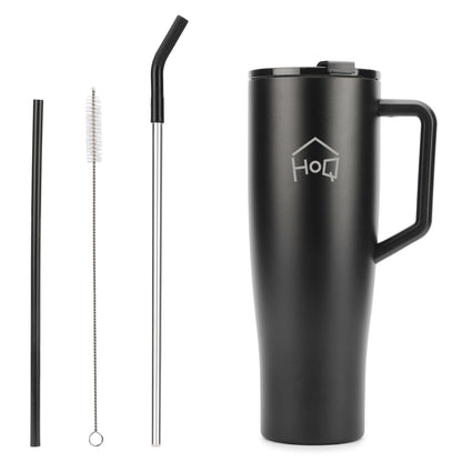 House of Quirk 1200ML Tumbler with Handle and 2 Straw Flip Lid - Black