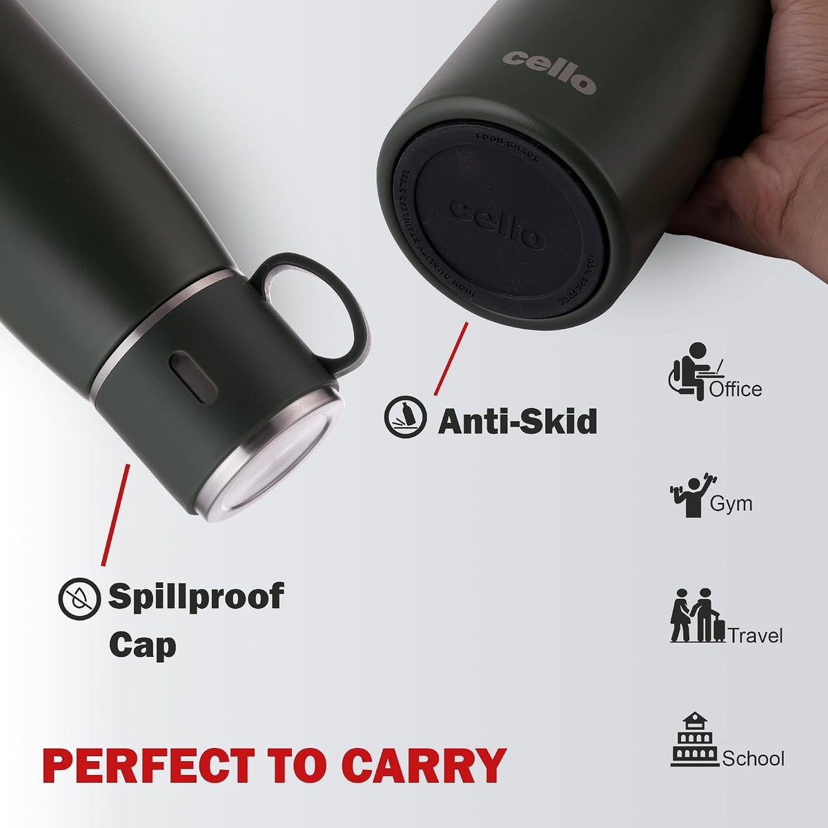 CELLO Duro Cup Style Thermosteel Flask, 750ml, Military Green